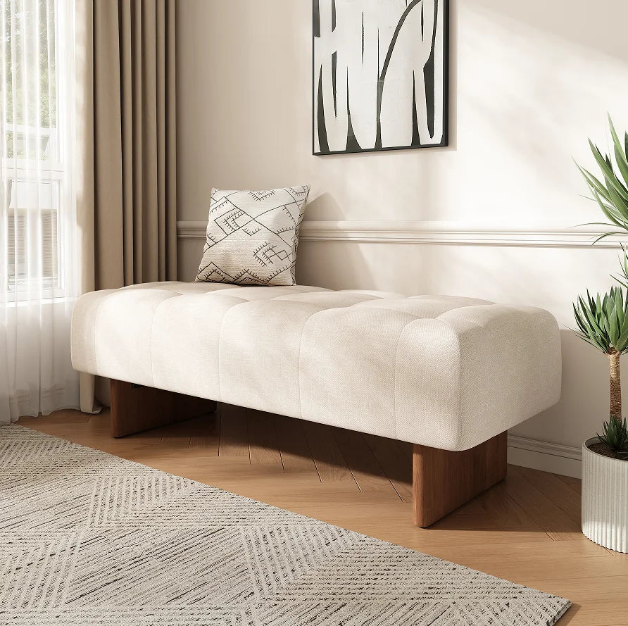 Modern Convertible Adjustable Rectangular Upholstered Tufted Linen Fabric Bench Solid Wood Legs Home Office Bedroom