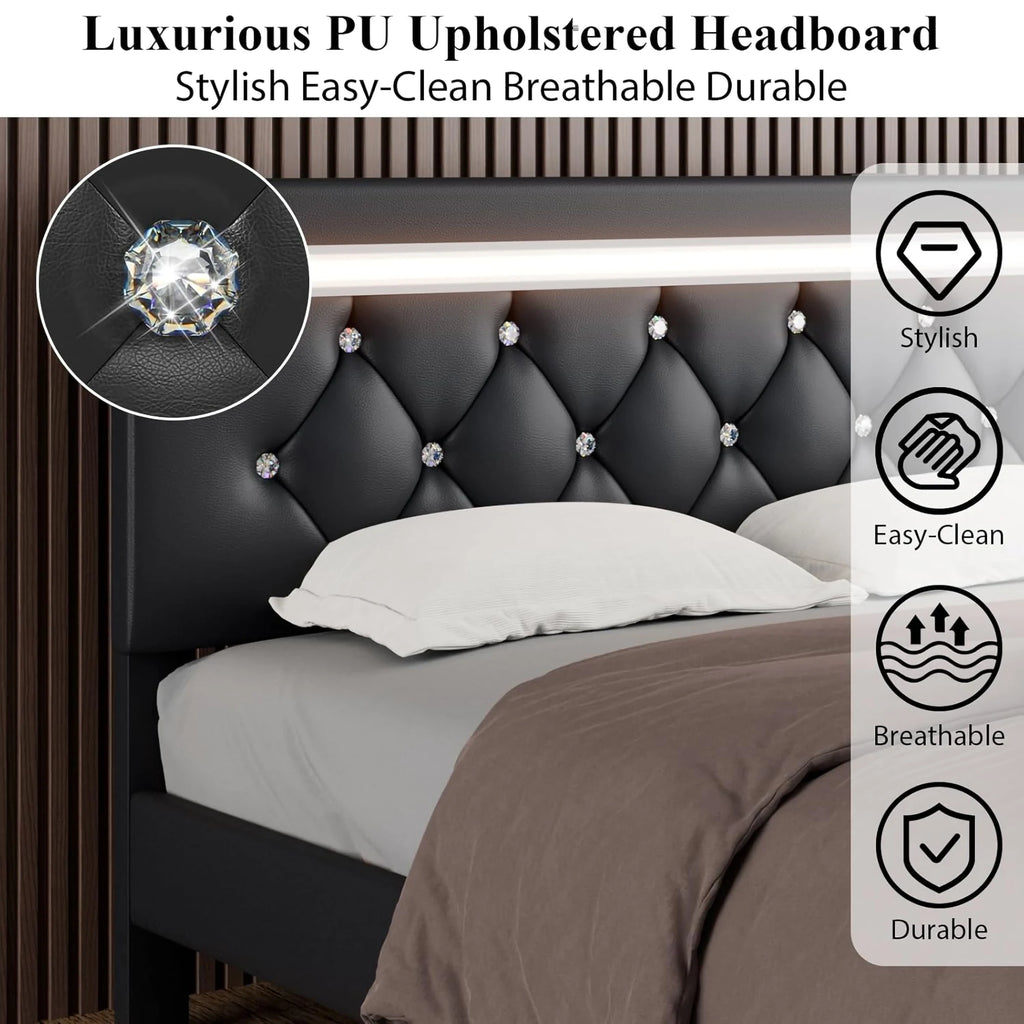 Modern Queen Size Storage Bed Frame with LED Light and Charging Station Faux Leather Upholstered Platform Bed