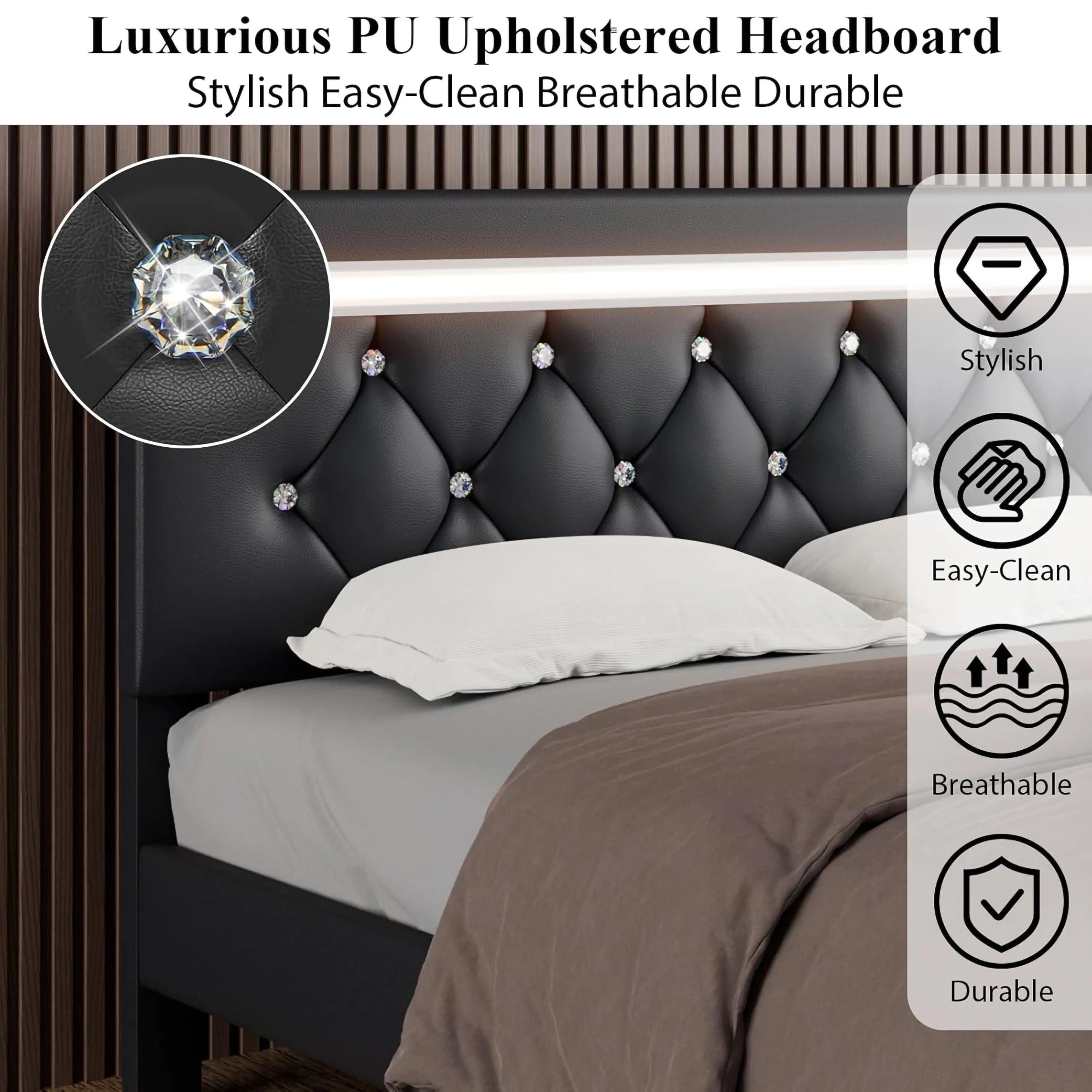 Modern Queen Size Storage Bed Frame with LED Light and Charging Station Faux Leather Upholstered Platform Bed