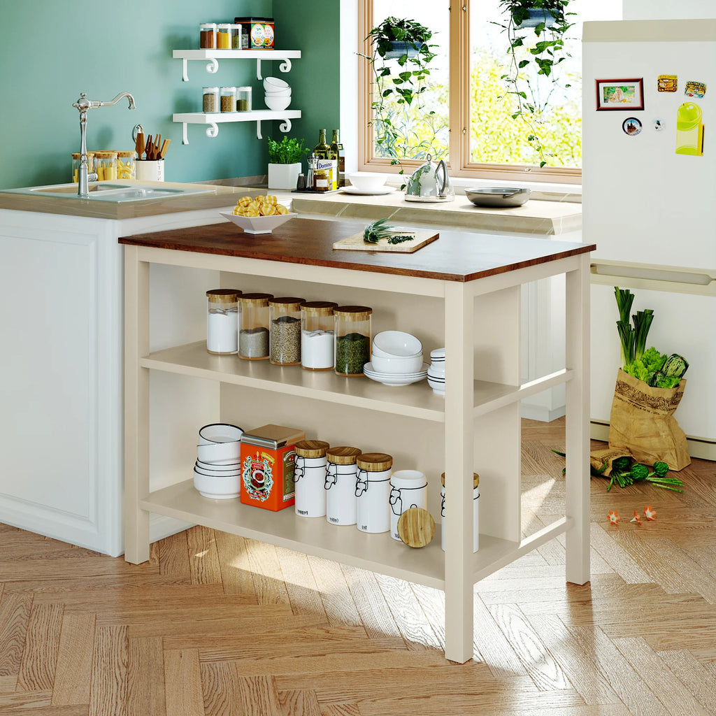 Solid Wood Rustic 3-piece 45" Stationary Kitchen Island Set with 2 Seats, Wood Butcher Block Dining Table Set