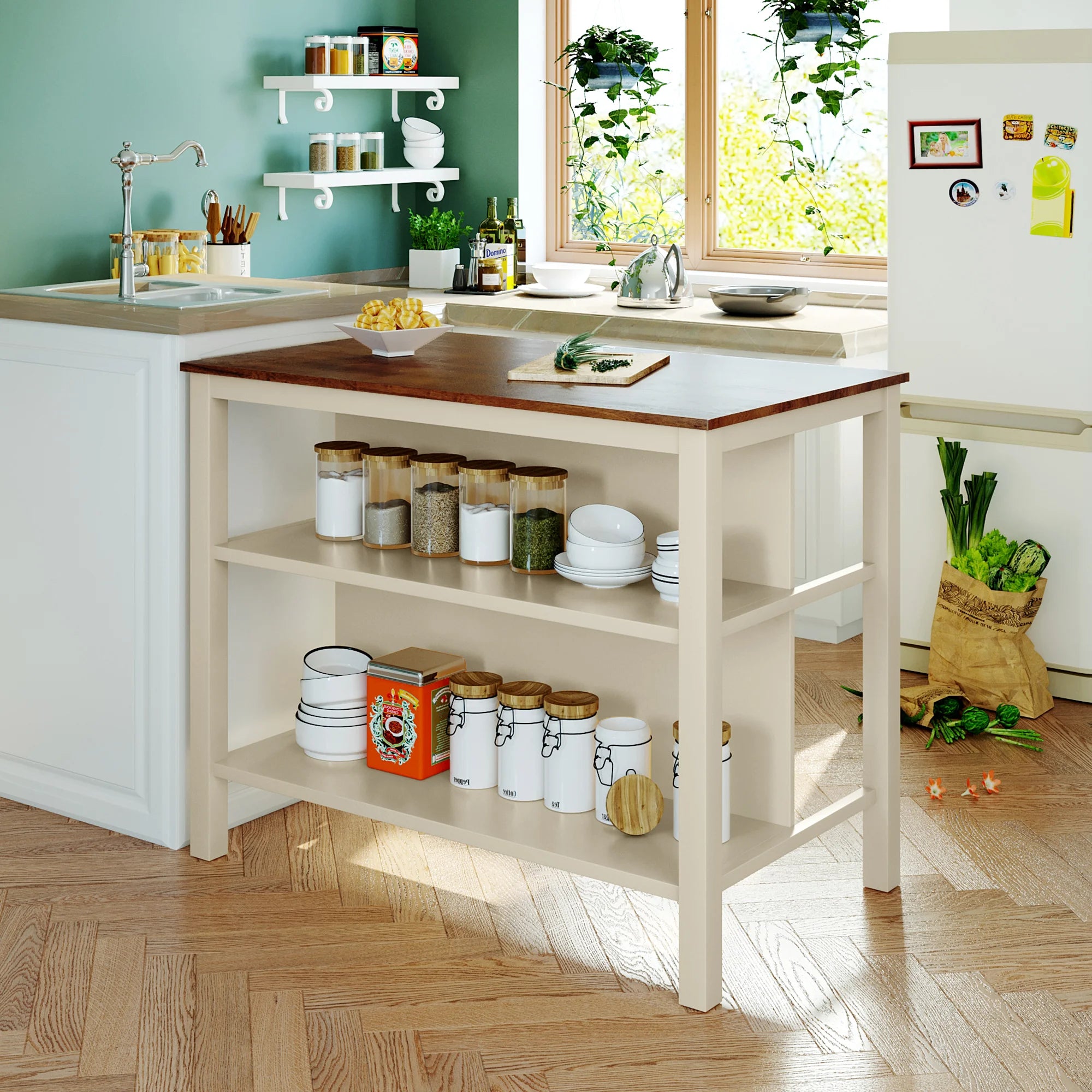 Solid Wood Rustic 3-piece 45" Stationary Kitchen Island Set with 2 Seats, Wood Butcher Block Dining Table Set