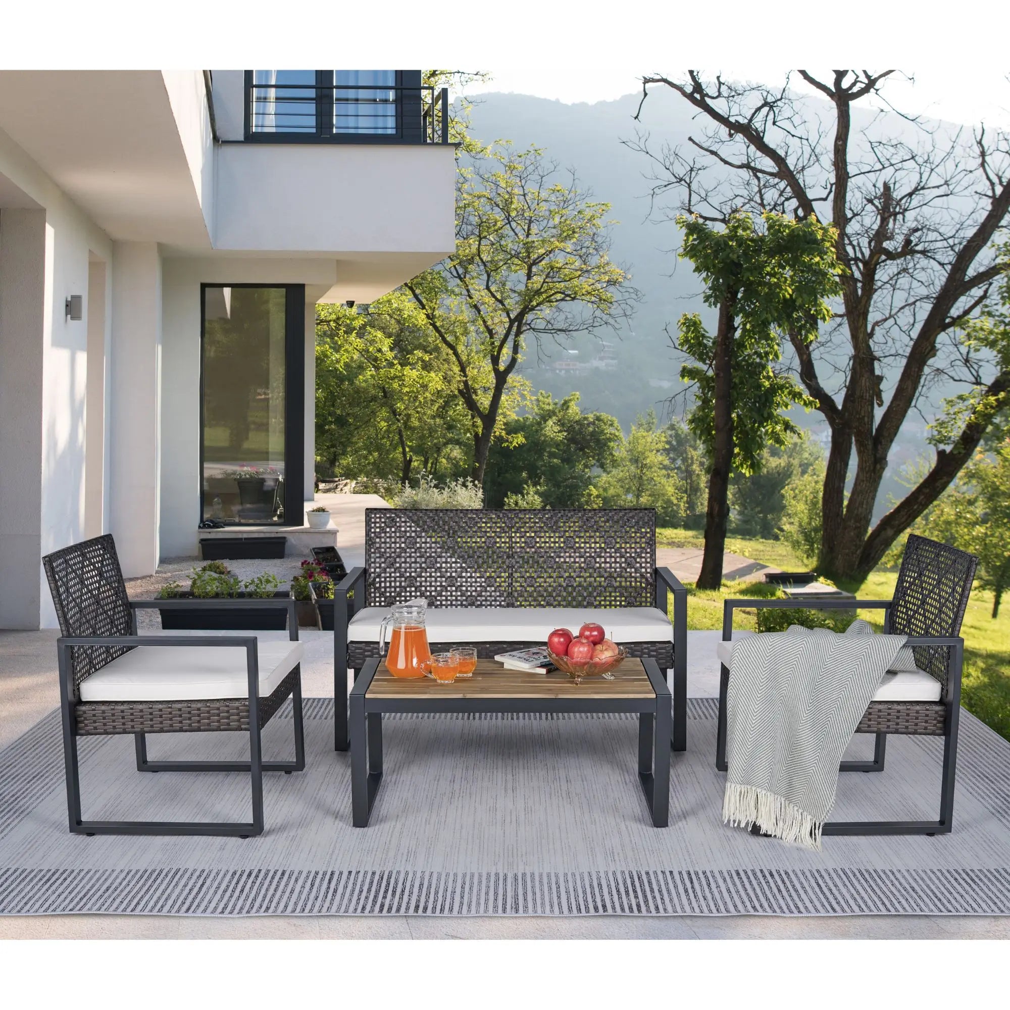 4-Piece Modern Steel Outdoor Patio Furniture Set with Wood Frame Durable Design for Balcony Garden & Backyard Use