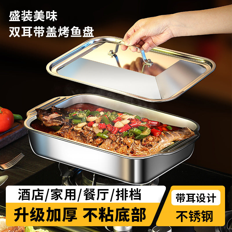 Popular Stainless Steel Grilled Fish Plate, Crayfish Plate, Rectangular Deep Plate, Barbecue Plate, Barbecue Grill, Electric Grill, Grilled Fish Plate