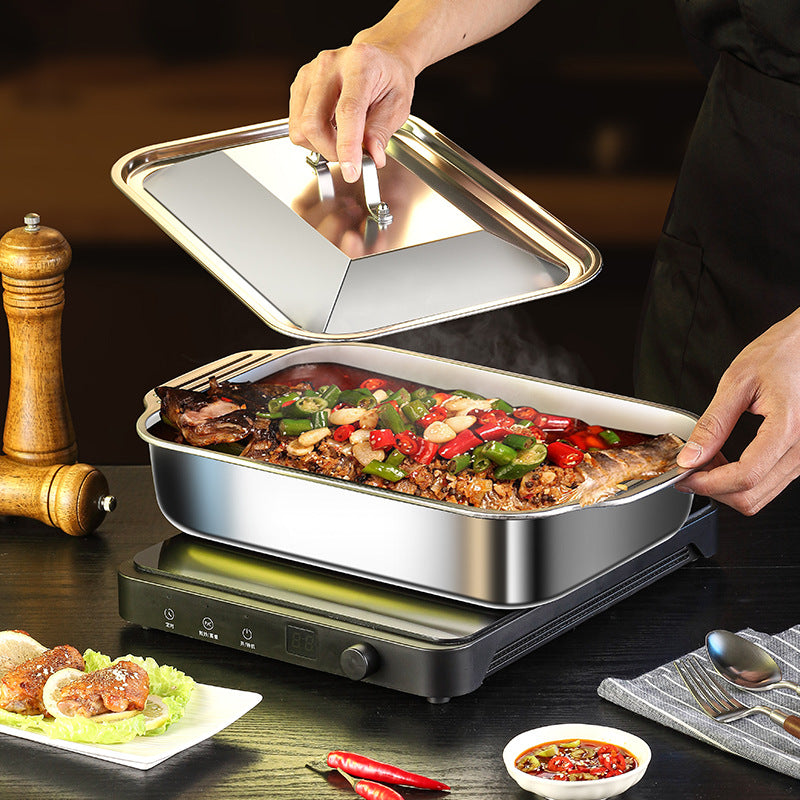 Popular Stainless Steel Grilled Fish Plate, Crayfish Plate, Rectangular Deep Plate, Barbecue Plate, Barbecue Grill, Electric Grill, Grilled Fish Plate