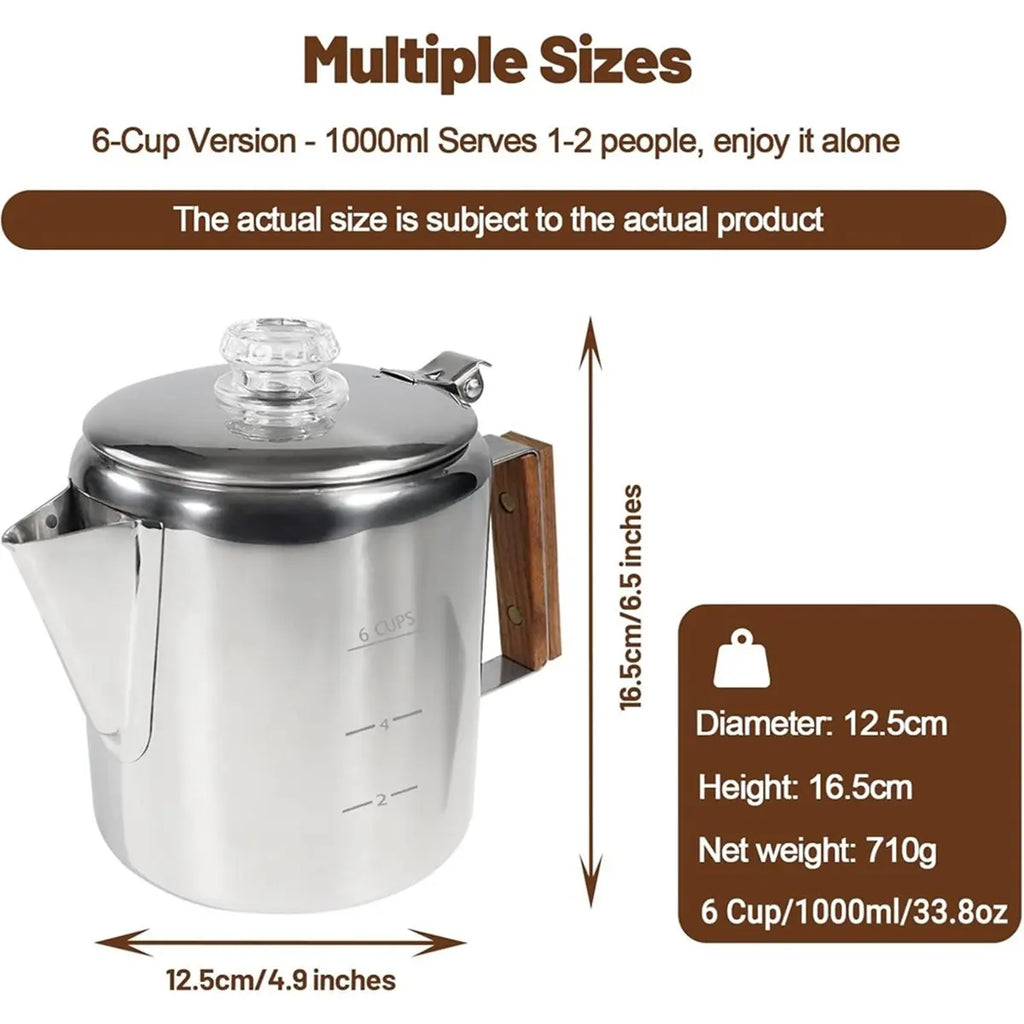 BAAQ 6 Cup Percolator 304 Stainless Steel Coffee Pot Coffee Maker with Handle Stovetop Mocha for Home and Camping 1000ml