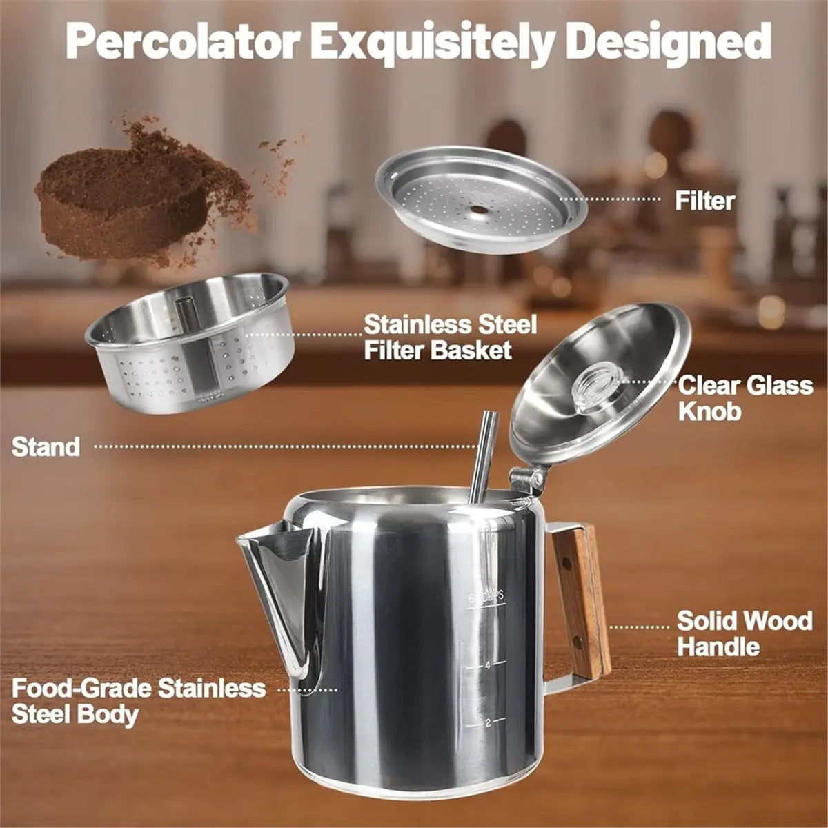 BAAQ 6 Cup Percolator 304 Stainless Steel Coffee Pot Coffee Maker with Handle Stovetop Mocha for Home and Camping 1000ml