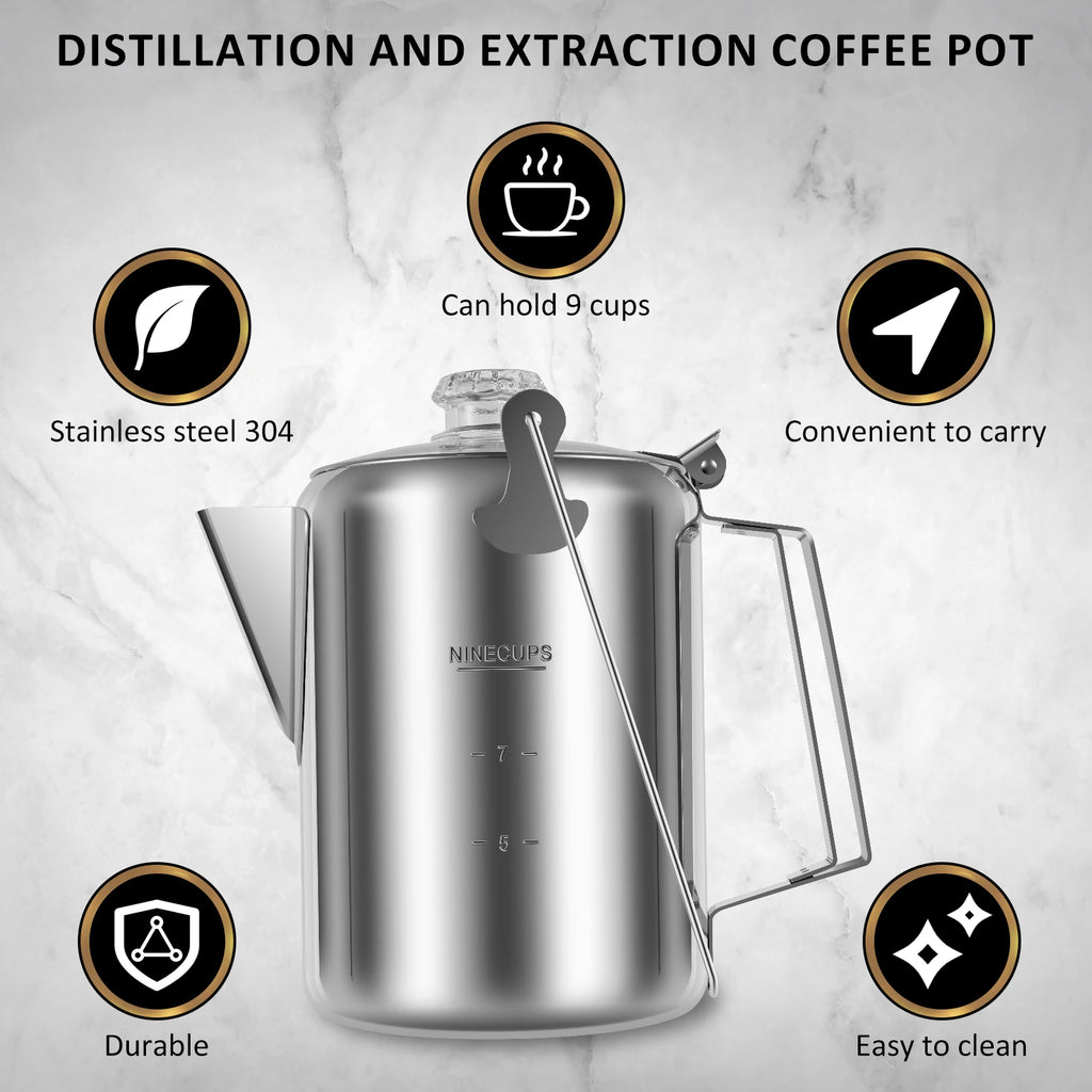 Stainless Steel Distillation and Extraction Coffee Pot Outdoor Camp Stovetop Coffee Maker with Filter Basket Clear Glass Knob