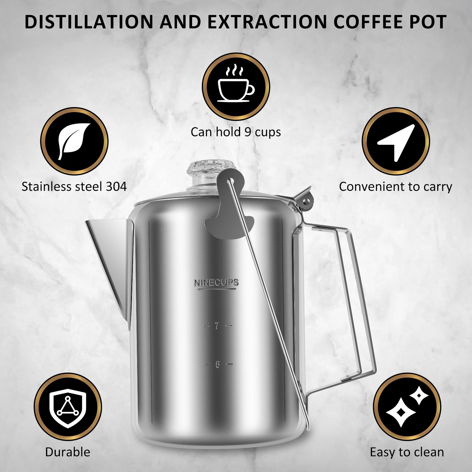 Stainless Steel Distillation and Extraction Coffee Pot Outdoor Camp Stovetop Coffee Maker with Filter Basket Clear Glass Knob