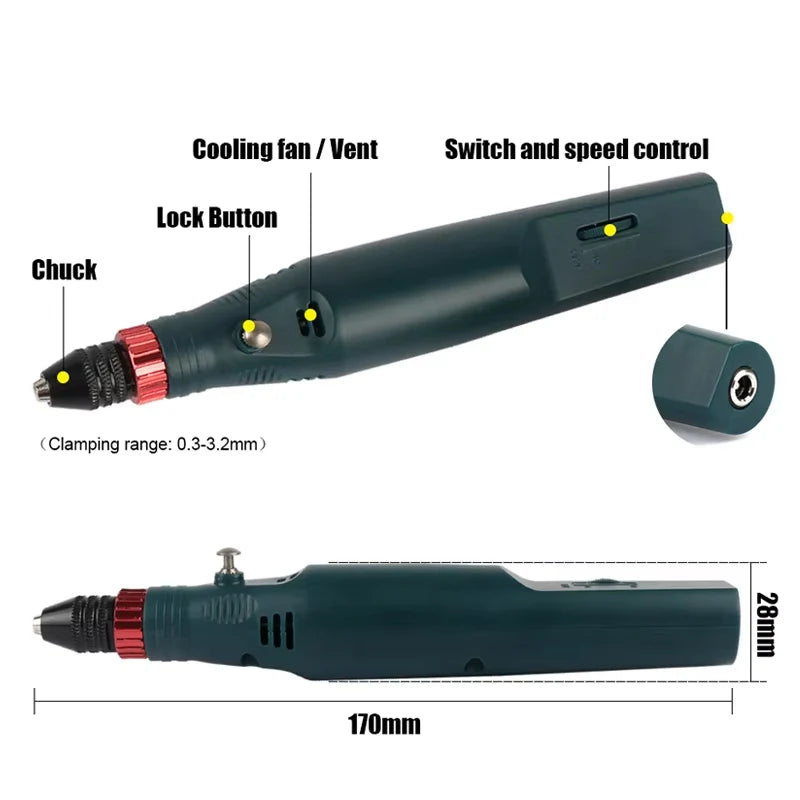 12V 24W Mini Electric Drill Engraver Pen Grinder Grinding Accessories Set Hand-held Drilling Machine Stepless Speed Engraver