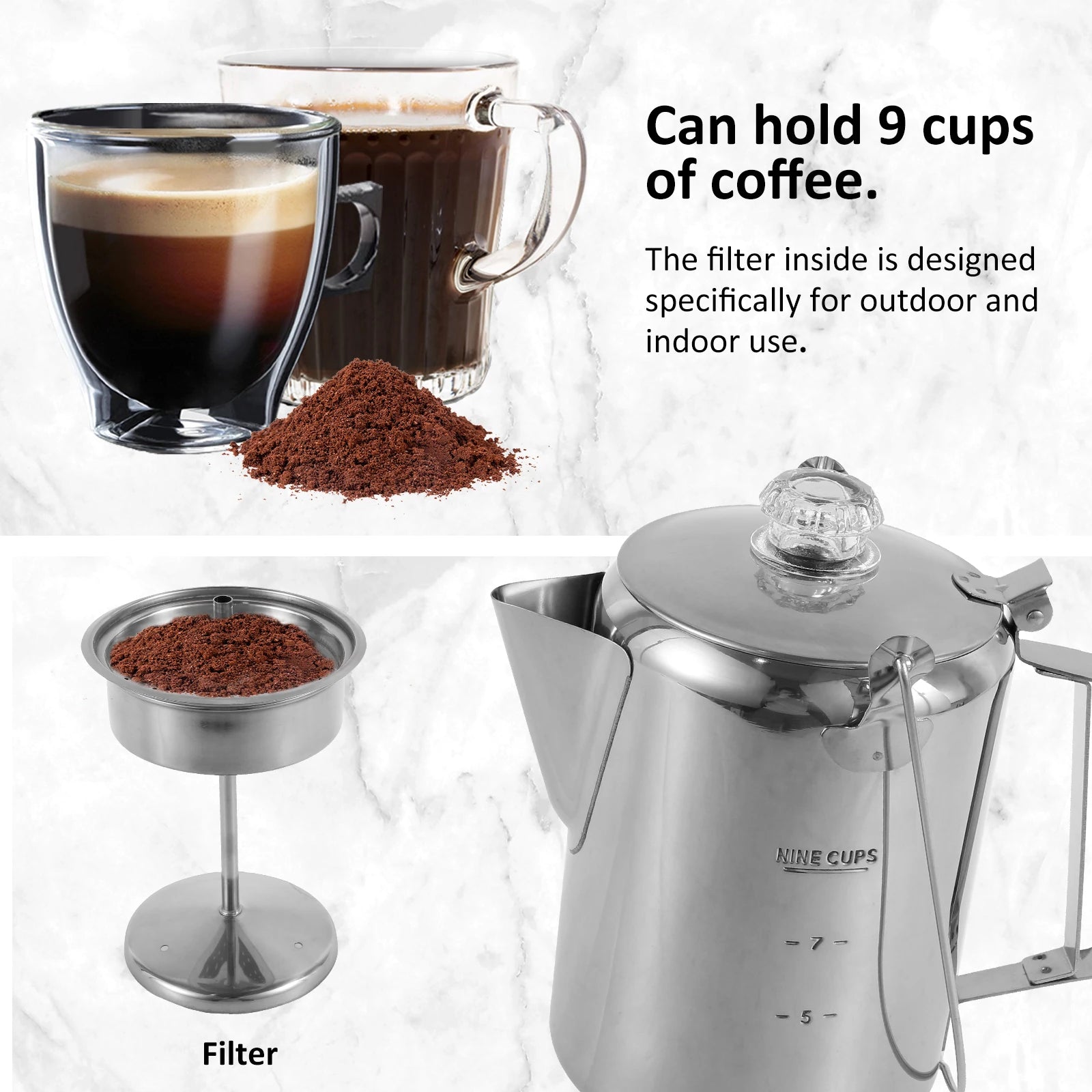 Stainless Steel Distillation and Extraction Coffee Pot Outdoor Camp Stovetop Coffee Maker with Filter Basket Clear Glass Knob