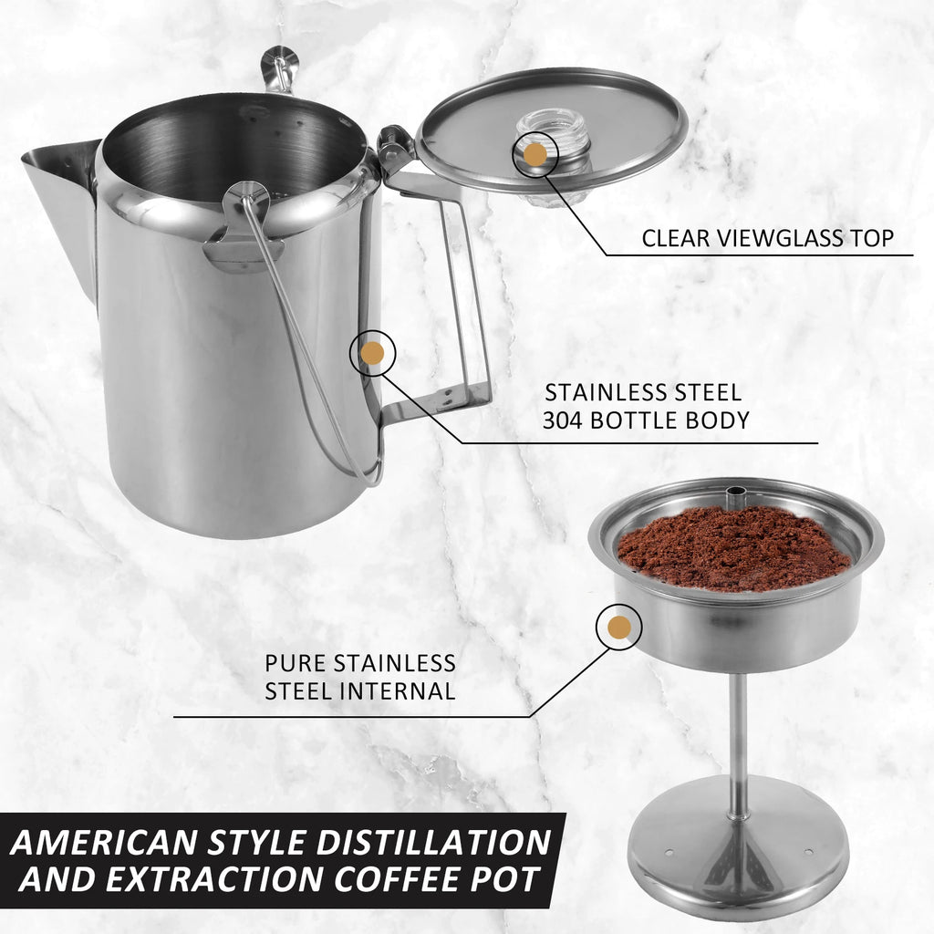 Stainless Steel Distillation and Extraction Coffee Pot Outdoor Camp Stovetop Coffee Maker with Filter Basket Clear Glass Knob