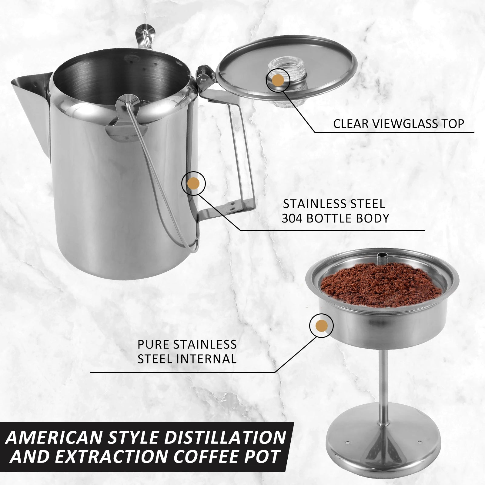 Stainless Steel Distillation and Extraction Coffee Pot Outdoor Camp Stovetop Coffee Maker with Filter Basket Clear Glass Knob